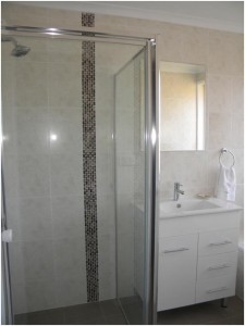 Vertical freeze tile and chrome framed pivot door screen on a Canberra bathroom renovation